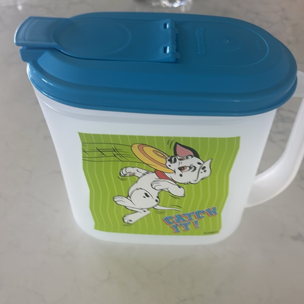Tupperware 1 Qt semi sheer pitcher with blue flip top pouring lid NEW Disney